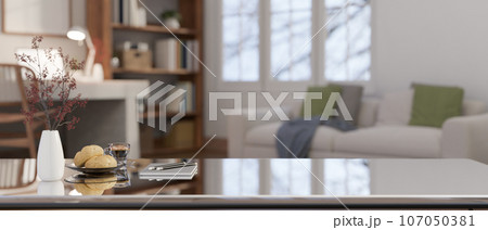 Close-up image of a modern coffee table with copy space for product display in a modern living room. Close-up image of a modern coffee table with copy space for product display in a modern living room. 107050381