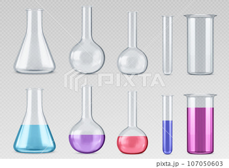 Chemistry measuring glass tubes and beakers. 107050603