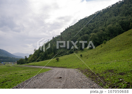 A country road between fields with hay bales in autumn in the mountains. Agricultural field with sky and clouds. The nature of agriculture. Straw in the meadow. Rural natural landscape. A country road between fields with hay bales in autumn in the mountains. Agricultural field with sky and clouds. The nature of agriculture. Straw in the meadow. Rural natural landscape. 107050688
