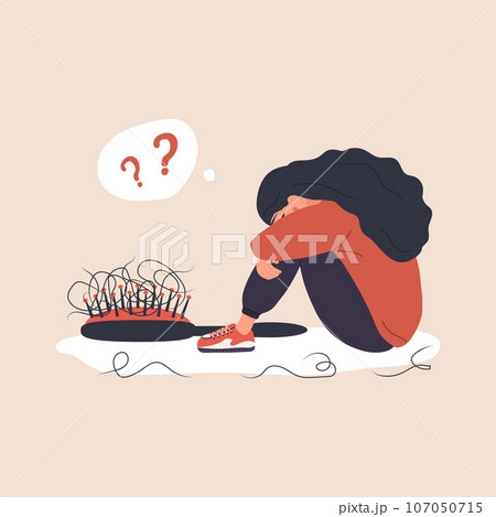 Alopecia concept. Sad woman loses her hair. Baldness disease and problems of the scalp. Unhappy female character with hair brush. Vector illustration in flat cartoon style Alopecia concept. Sad woman loses her hair. Baldness disease and problems of the scalp. Unhappy female character with hair brush. Vector illustration in flat cartoon style 107050715