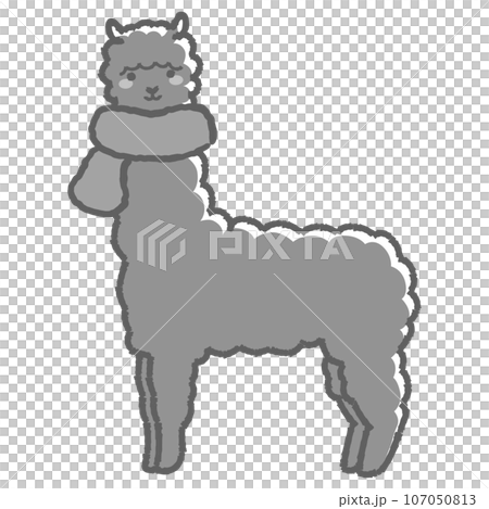 Illustration of a fluffy alpaca wrapped in a scarf (full body) black and white Illustration of a fluffy alpaca wrapped in a scarf (full body) black and white 107050813