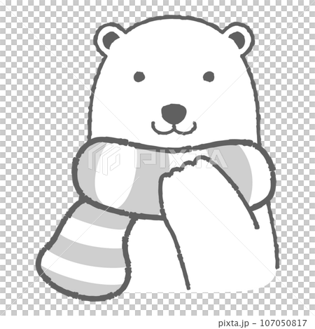 Illustration of a polar bear wearing a muffler (front face) black and white 107050817