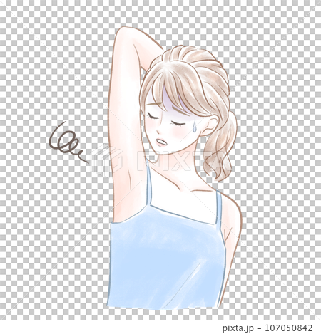 A worried woman with her arms raised and eyes closed 107050842