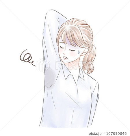 脇の汗じみに焦るワイシャツを着た女性 脇の汗じみに焦るワイシャツを着た女性 107050846