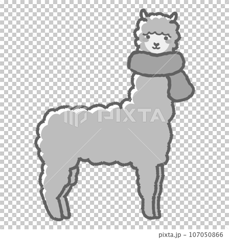 Illustration of a fluffy alpaca wrapped in a scarf (full body) black and white 107050866