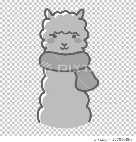一隻毛茸茸的羊駝戴著圍巾（正面）黑白的插圖 107050869