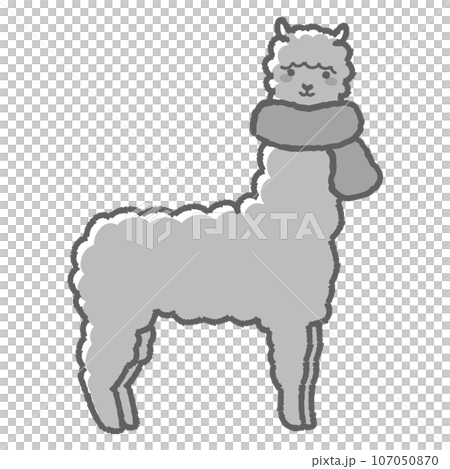 Illustration of a fluffy alpaca wrapped in a scarf (full body) black and white 107050870