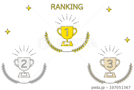 シンプルなトロフィーと月桂冠のランキングアイコンセット、1位～3位 107051367
