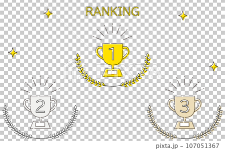 シンプルなトロフィーと月桂冠のランキングアイコンセット、1位～3位 107051367
