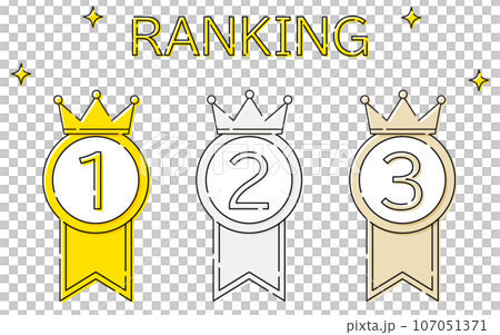 シンプルな王冠つきランキングメダルバッジのアイコンセット、1位～3位 107051371