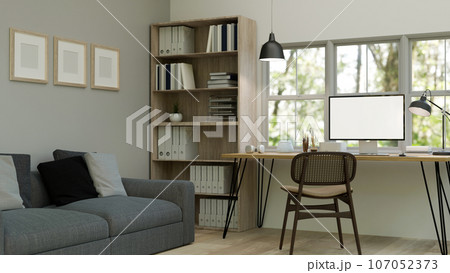 A modern private office or home office interior design with a computer mockup on a desk. 107052373