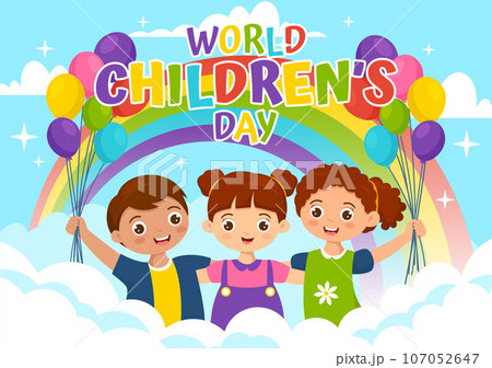 World Children's Day Vector Illustration on 20 November with Kids and Rainbow in Children Celebration Cartoon Bright Sky Blue Background Design 107052647