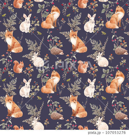 Beautiful seamless pattern with hand drawn watercolor forest fox hare hedgehog and squirrel animals and plants with berries. Stock illustration. Popular design. 107053276