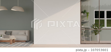 Empty mockup space on the white wall with a modern, trendy living room with the grey wall 107053601