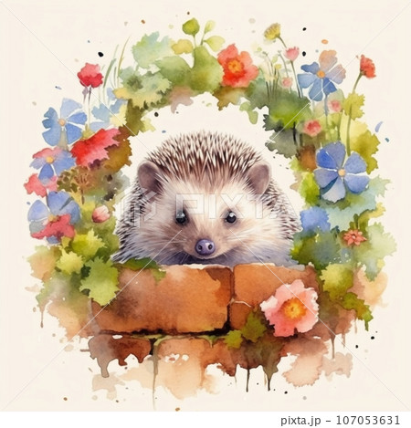 かわいらしいハリネズミの水彩イラスト　AI画像 107053631