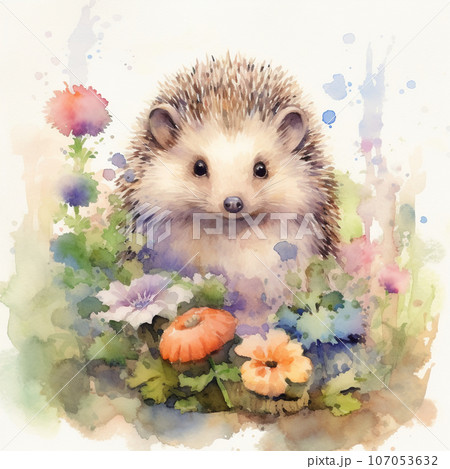 かわいらしいハリネズミの水彩イラスト　AI画像 107053632