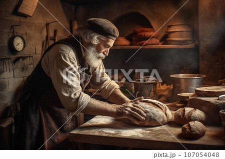 Traditional bakery with old baker who prepares bread by hand, baking in a brick oven. Created with Generative AI technology. 107054048