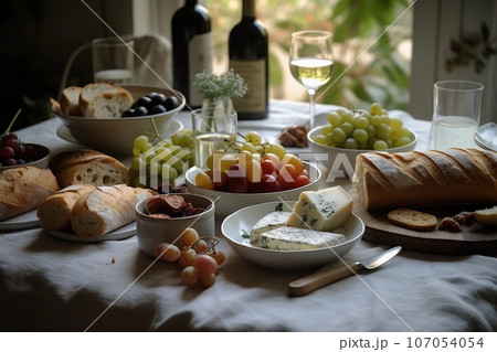 A table full of delicious food for dinner during a summer evening. Created with Generative AI technology. 107054054