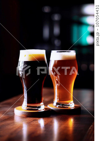 Two glasses of dark beer on a bar counter in a pub. Selective focus. Two glasses of dark beer on a bar counter in a pub. Selective focus. 107054431