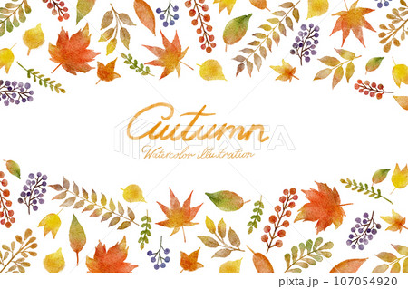 紅葉した葉っぱの秋の水彩画イラストのフレームセット 107054920