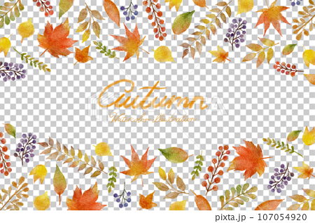 紅葉した葉っぱの秋の水彩画イラストのフレームセット 107054920