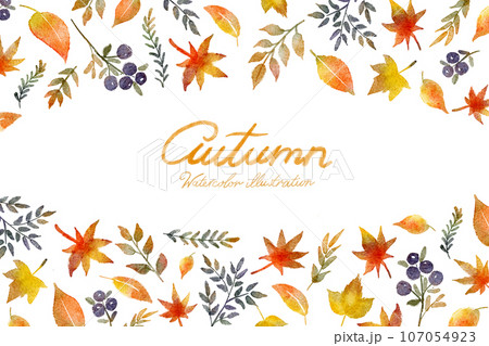 紅葉した葉っぱの秋の水彩画イラストのフレームセット 107054923