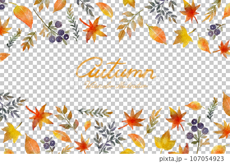 紅葉した葉っぱの秋の水彩画イラストのフレームセット 紅葉した葉っぱの秋の水彩画イラストのフレームセット 107054923