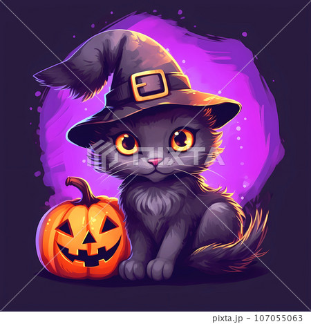 A cute black cat in a witch's hat sits nearのイラスト素材