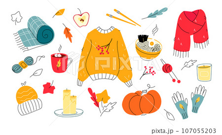 Autumn warm clothes and cozy home objects set. Modern flat style with doodle hand drawn elements. Autumn warm clothes and cozy home objects set. Modern flat style with doodle hand drawn elements. 107055203