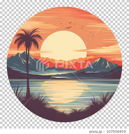 sunset, ocean, vintage, beach, summer, - Stock Illustration