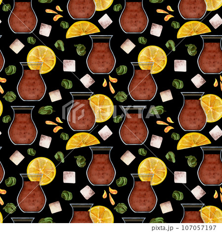 Hand drawn watercolor teaware, tea lemon sugar, crockery turkish glass, hot beverage. Seamless pattern isolated on white background. For invitations, cafe, restaurant food menu, print, website, cards 107057197