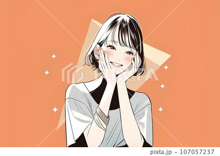 顔に手を当てて微笑む女の子　AI生成画像 107057237