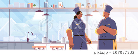 man woman professional restaurant culinary chefs or bakers in uniform food industry workers happy labor day celebration concept 107057532