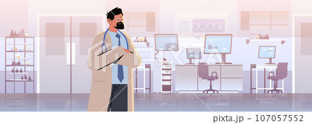 man doctor with stethoscope medical worker in uniform happy labor day celebration concept modern clinic interior horizontal 107057552