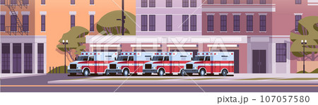 Fire station building fire department house facade and red emergency vehicle horizontal Fire station building fire department house facade and red emergency vehicle horizontal 107057580