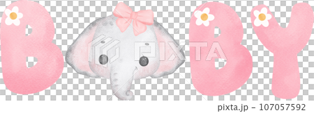Cute baby shower elephant girl watercolor, baby word, kawaii animal nursery cartoon illustration 107057592