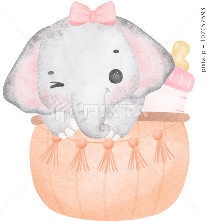 Cute baby shower elephant girl watercolor, kawaii baby elephant animal in basket nursery cartoon illustration 107057593