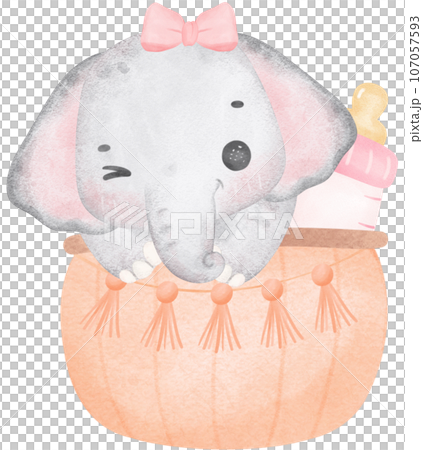 Cute baby shower elephant girl watercolor, kawaii baby elephant animal in basket nursery cartoon illustration 107057593