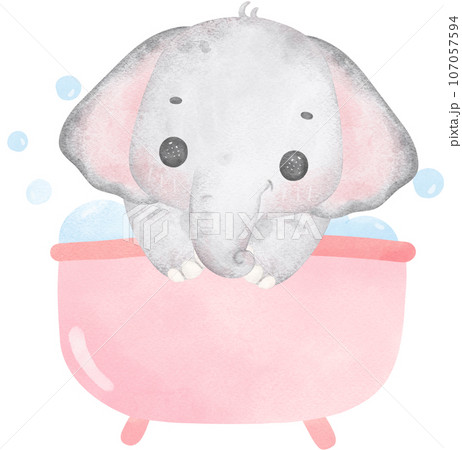 Cute baby shower elephant girl watercolor, kawaii baby elephant animal in bathtub nursery cartoon illustration 107057594