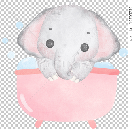Cute baby shower elephant girl watercolor, kawaii baby elephant animal in bathtub nursery cartoon illustration 107057594