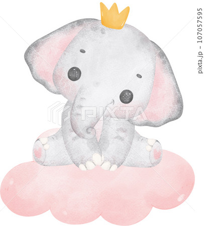 Cute baby shower elephant girl watercolor, kawaii baby elephant animal on cloud nursery cartoon illustration 107057595