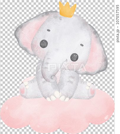 Cute baby shower elephant girl watercolor, kawaii baby elephant animal on cloud nursery cartoon illustration 107057595