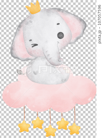 Cute baby shower elephant girl watercolor, kawaii baby elephant animal on cloud nursery cartoon illustration 107057596