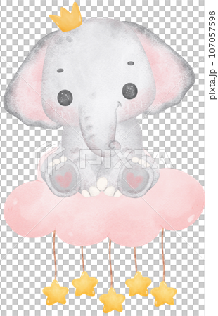 Cute baby shower elephant girl watercolor, kawaii baby elephant animal on cloud nursery cartoon illustration 107057598