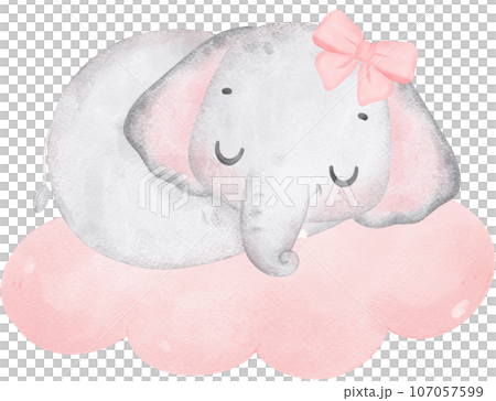 Cute baby shower elephant girl watercolor, kawaii baby elephant animal on cloud nursery cartoon illustration 107057599