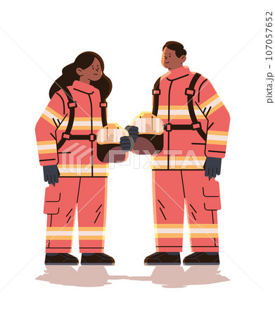 man woman firefighters in uniform emergency service happy labor day celebration concept vertical full length 107057652