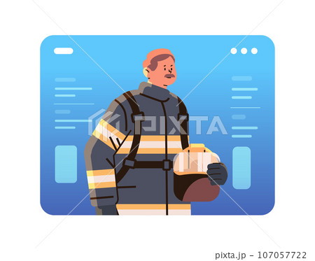 firefighter in uniform fireman with firefighting equipment emergency service happy labor day celebration concept horizontal firefighter in uniform fireman with firefighting equipment emergency service happy labor day celebration concept horizontal 107057722