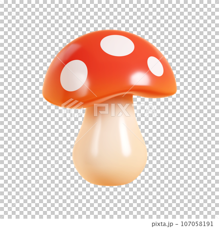 Mushroom fly amanita 3d render illustration. Cartoon autumn icon of fungus with light thallus and red spotted cap. Forest toadstool for fall seasonal natural concept. Mushroom fly amanita 3d render illustration. Cartoon autumn icon of fungus with light thallus and red spotted cap. Forest toadstool for fall seasonal natural concept. 107058191