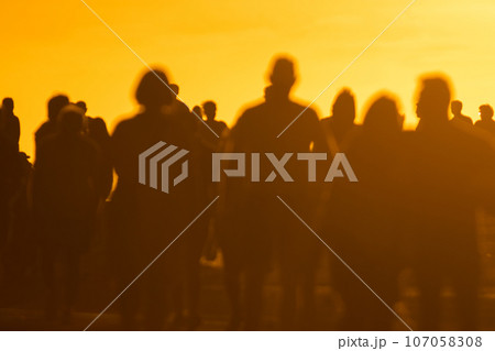 Silhouettes of young people walking at sunset 107058308