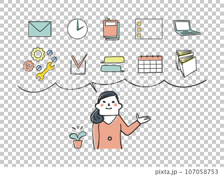 A set of female businesspeople who guide you on managing tasks in a relaxed and orderly manner - Illustration material 107058753